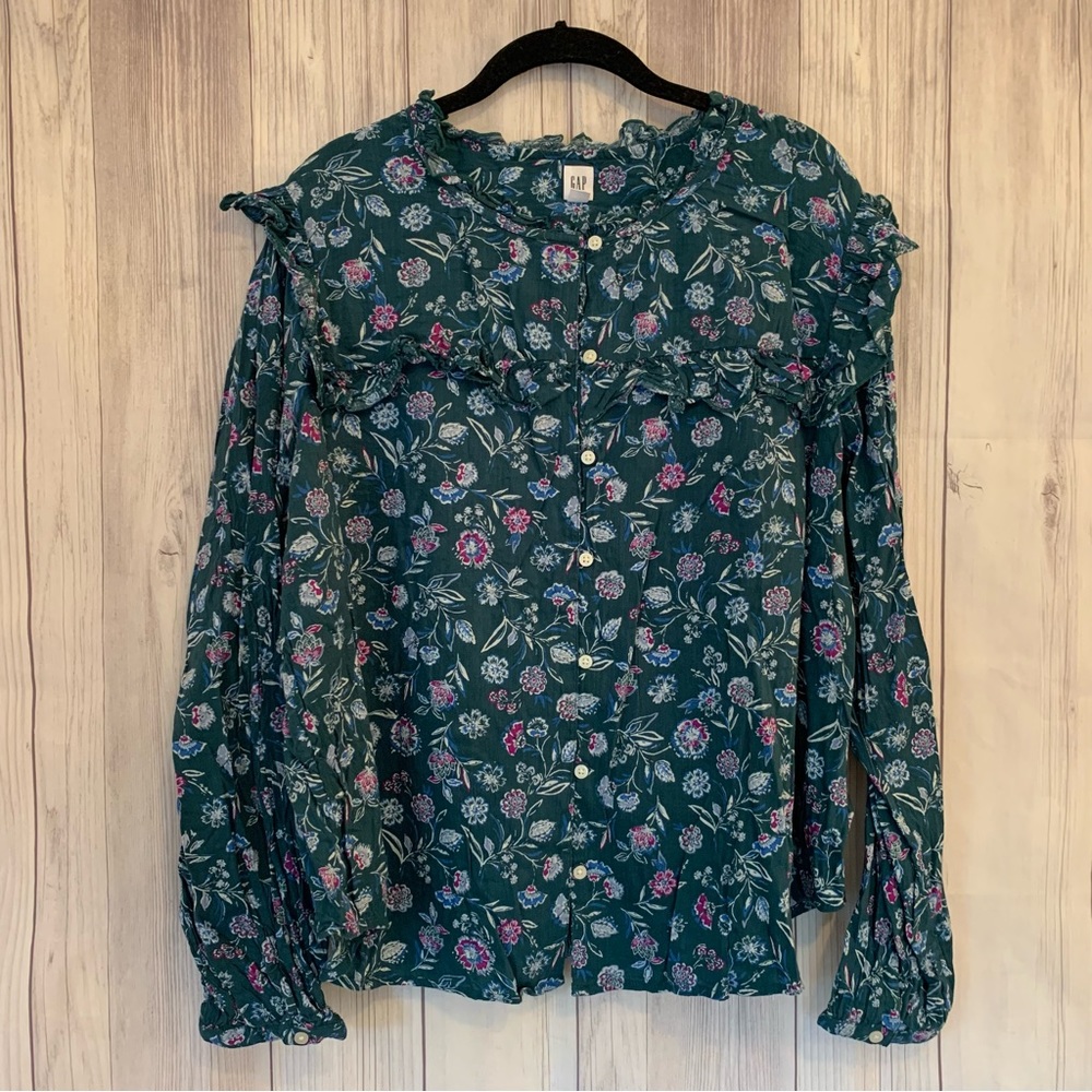GAP Green and Pink Floral Button-Down Blouse